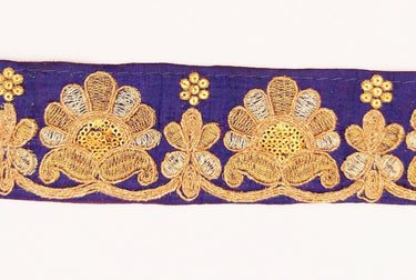 Navy Blue Art Silk Trim In Gold Floral Embroidery, Gold Embroidered Flowers Border, Floral Trim